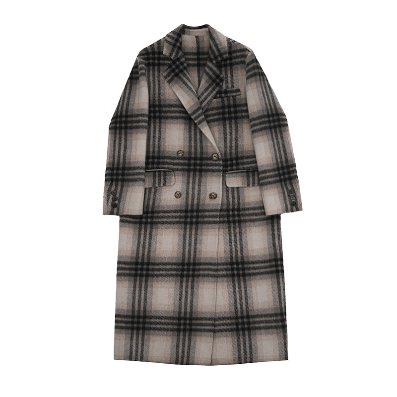 Medium-length plaid woolen thickened coat