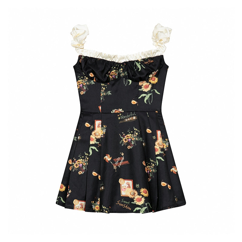 Floral One-Shoulder Black Bustier Dress