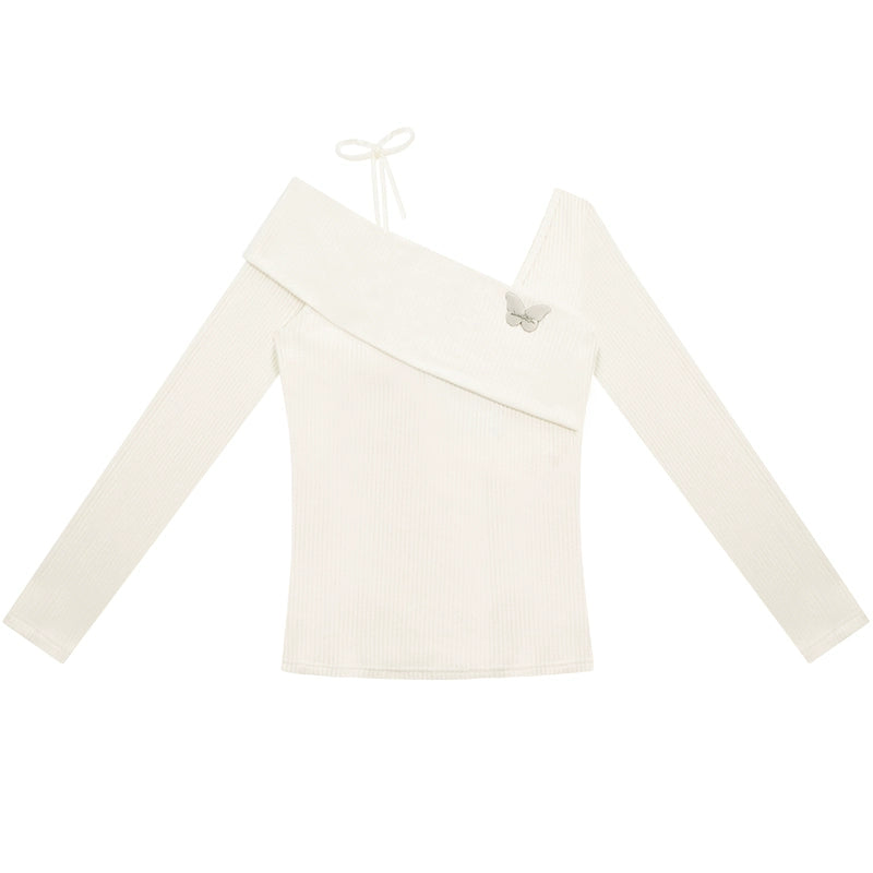 Off-the-shoulder clavicle long sleeve knit tops