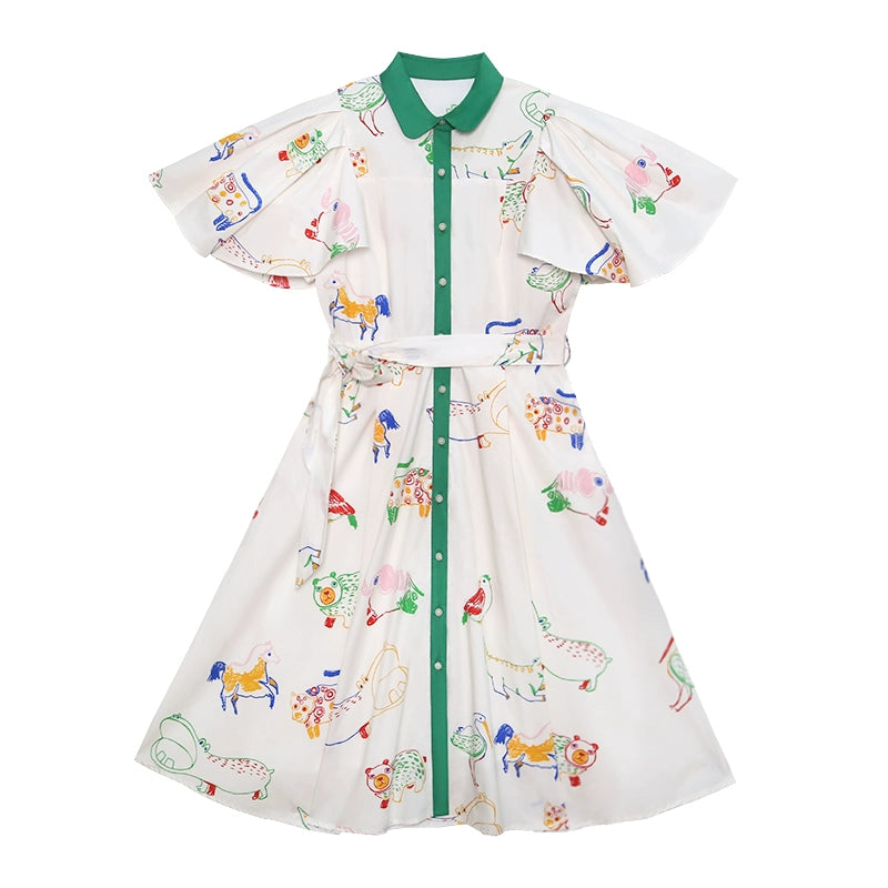 French Vintage Bird Graffiti Dress