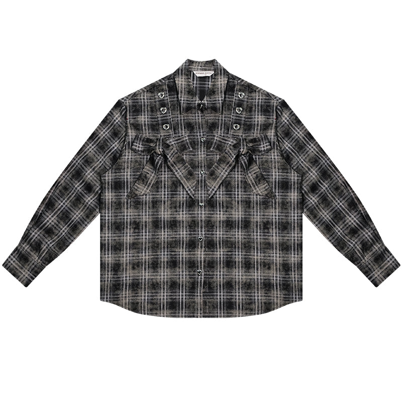 Bow-Knot Plaid Oversized Shirt