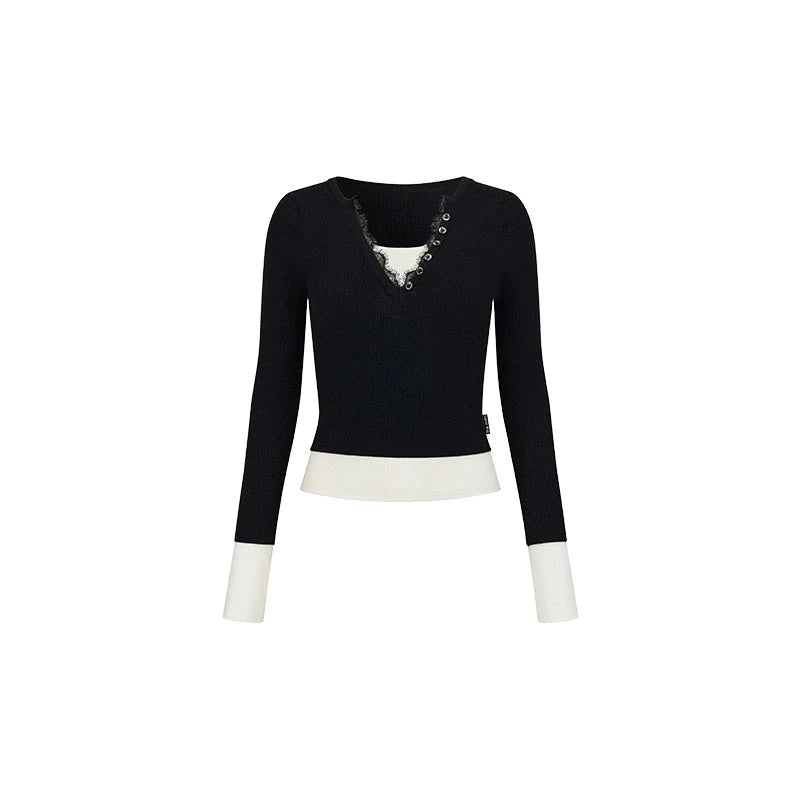 원단 레이스 V넥 니트탑
