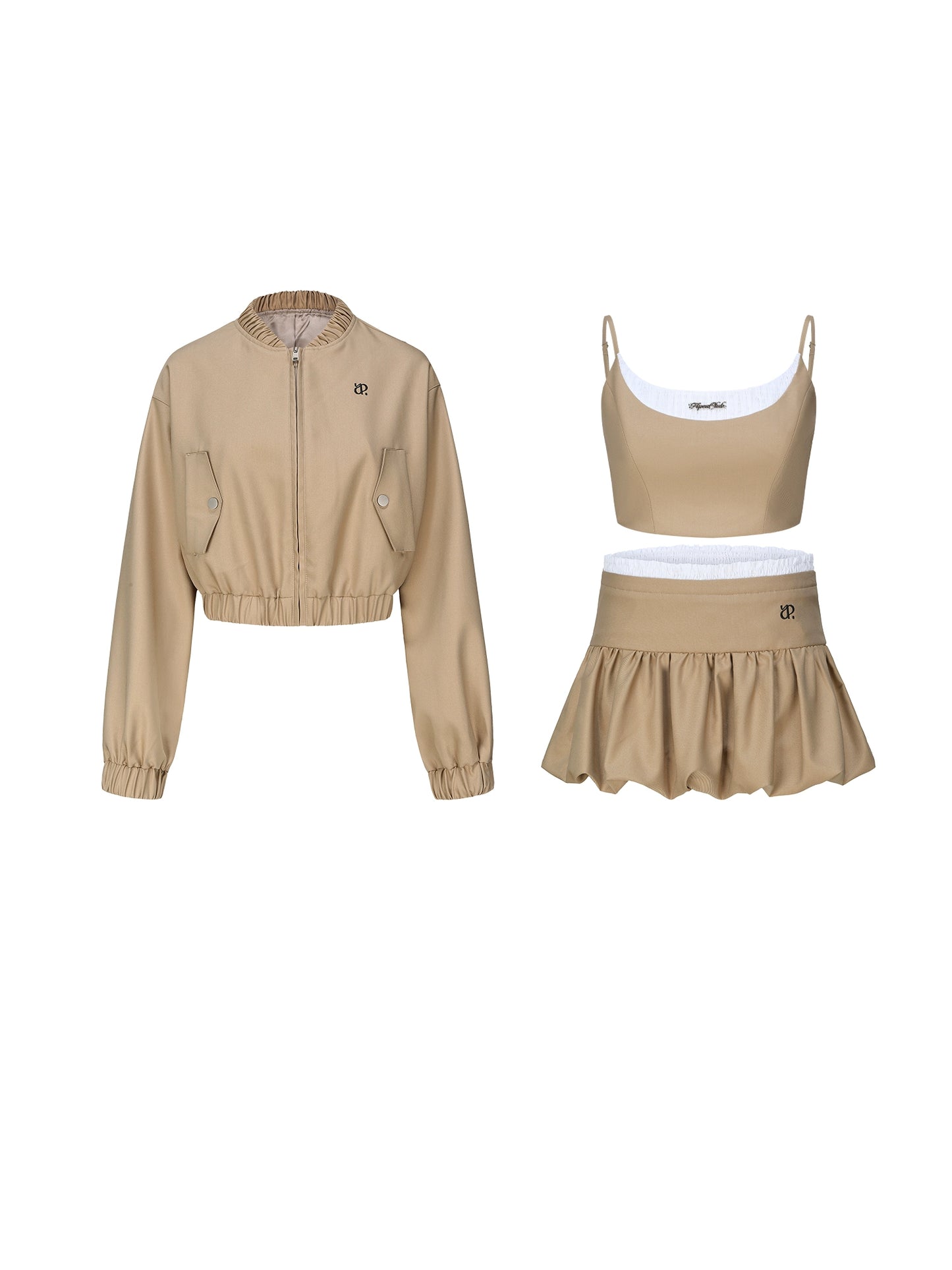 Khaki Cropped Jacket Skirt Set-Up