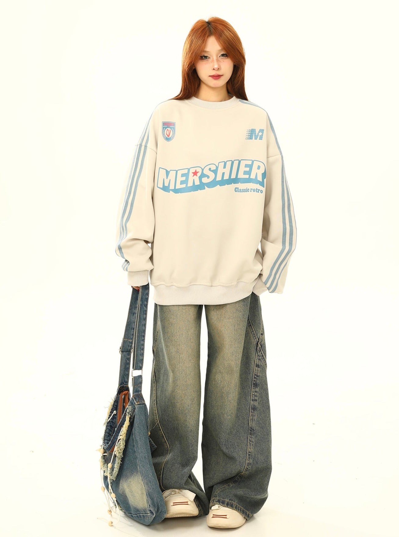 Retro runder Nackenbuchstaben loser Pullover Tops