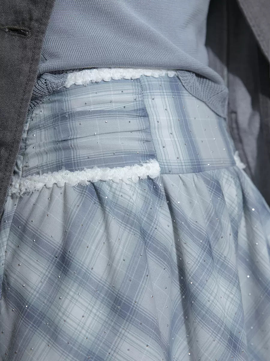 체크 무늬 시폰 반 블루 스커트