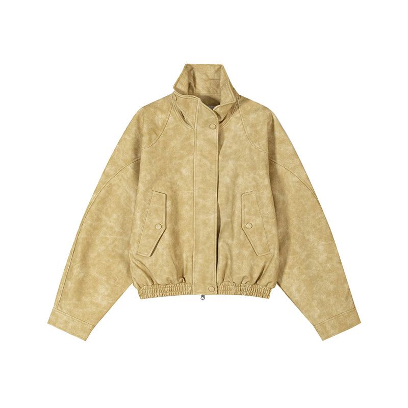 Chic High-Collar PU Leather Jacket