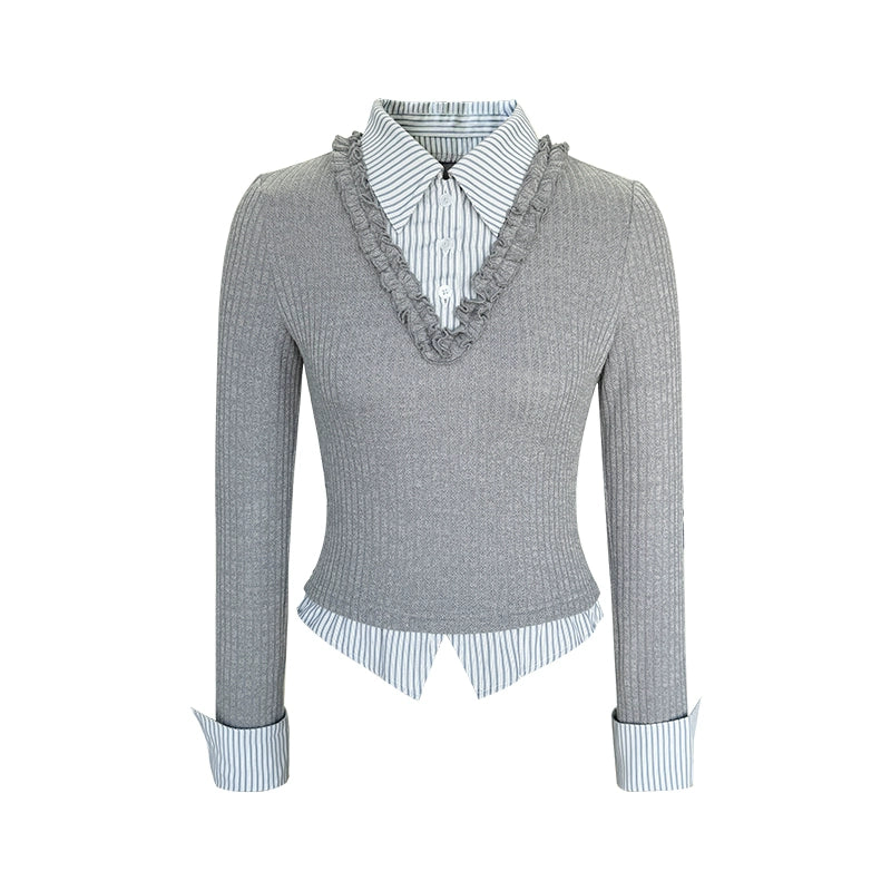 Gray Knit Patchwork Vertical Striped Fungus Edge Top