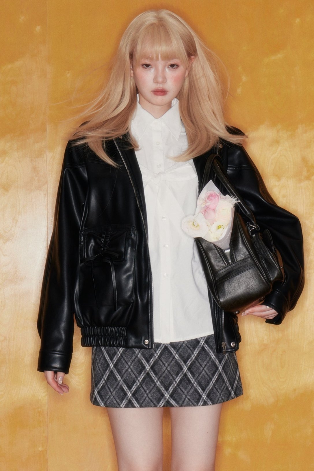 리본 조정 끈 가죽 재킷