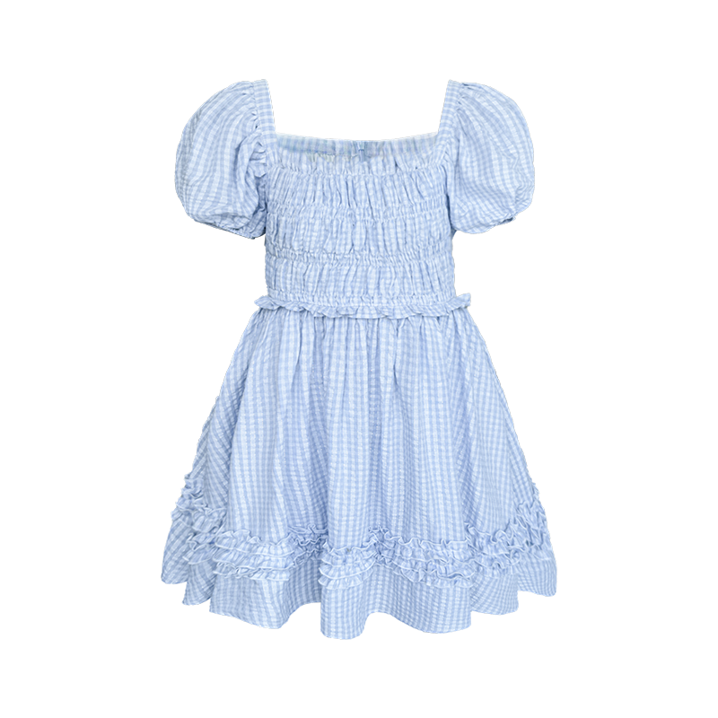 Blue Plaid Bubble Sleeves Dress
