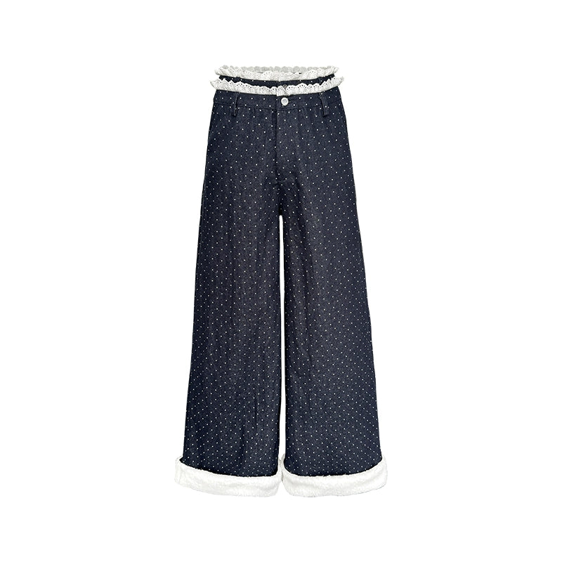 Dark Blue Polka Dot Patchwork Wide-Leg Jeans