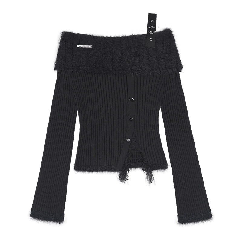 스피릿 블랙 비스듬한 어깨 니트 탑