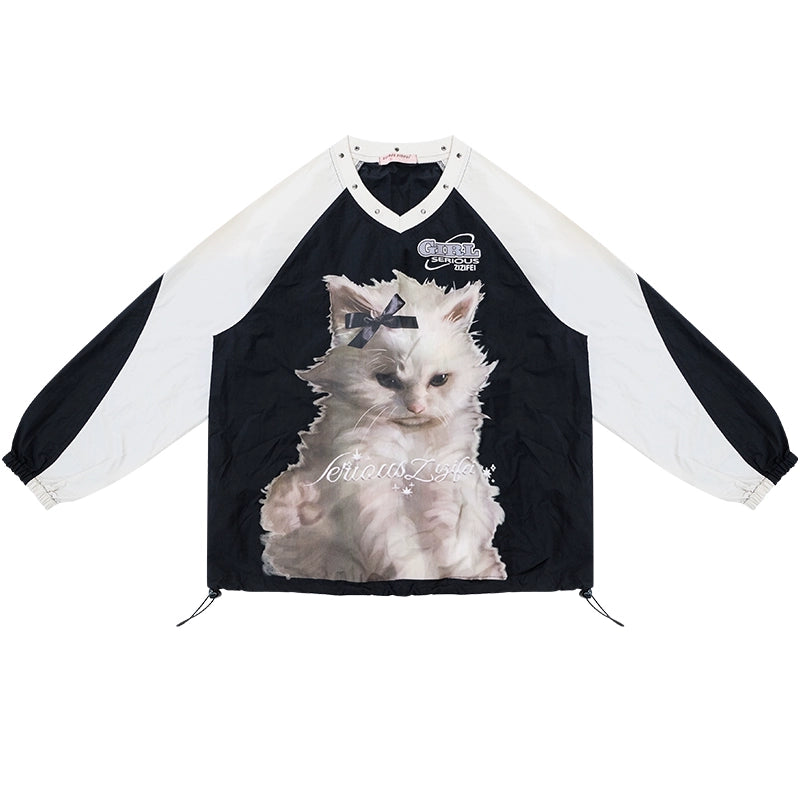 American Cat Print V-Neck Top