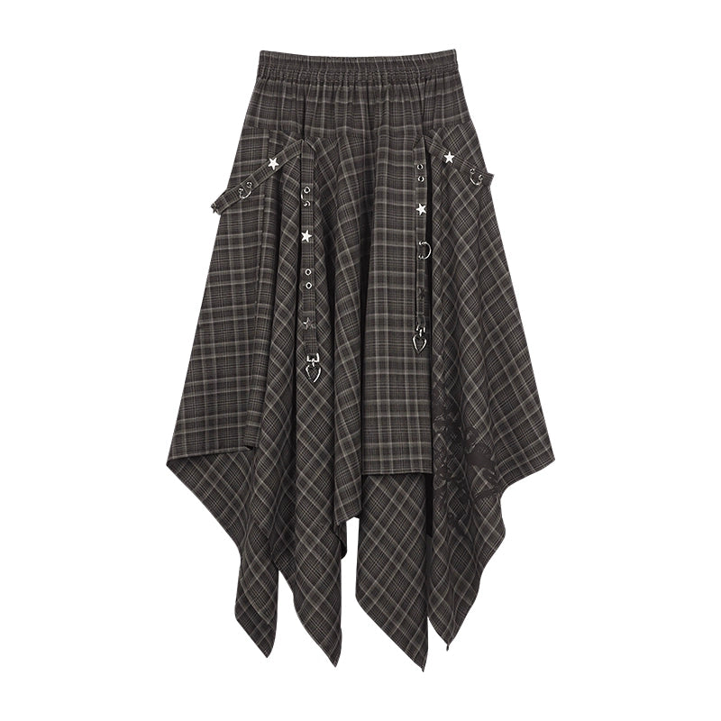Fighting Spirit Street Brown Plaid Long Skirt