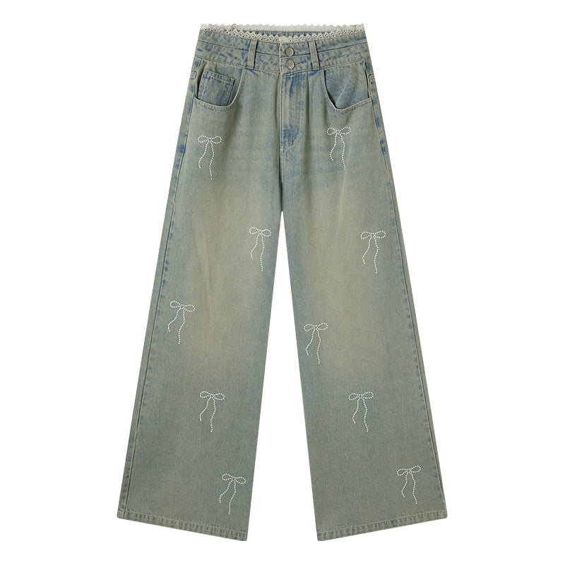 Vintage High-Waisted Diamond Bow Straight Pants