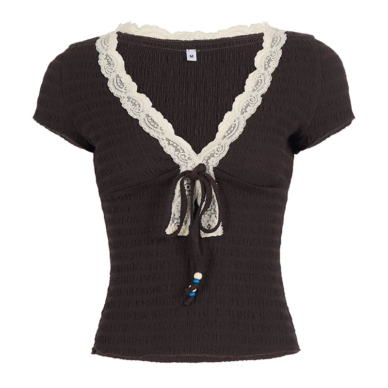 Retro Lace-Trimmed V-Neck Top
