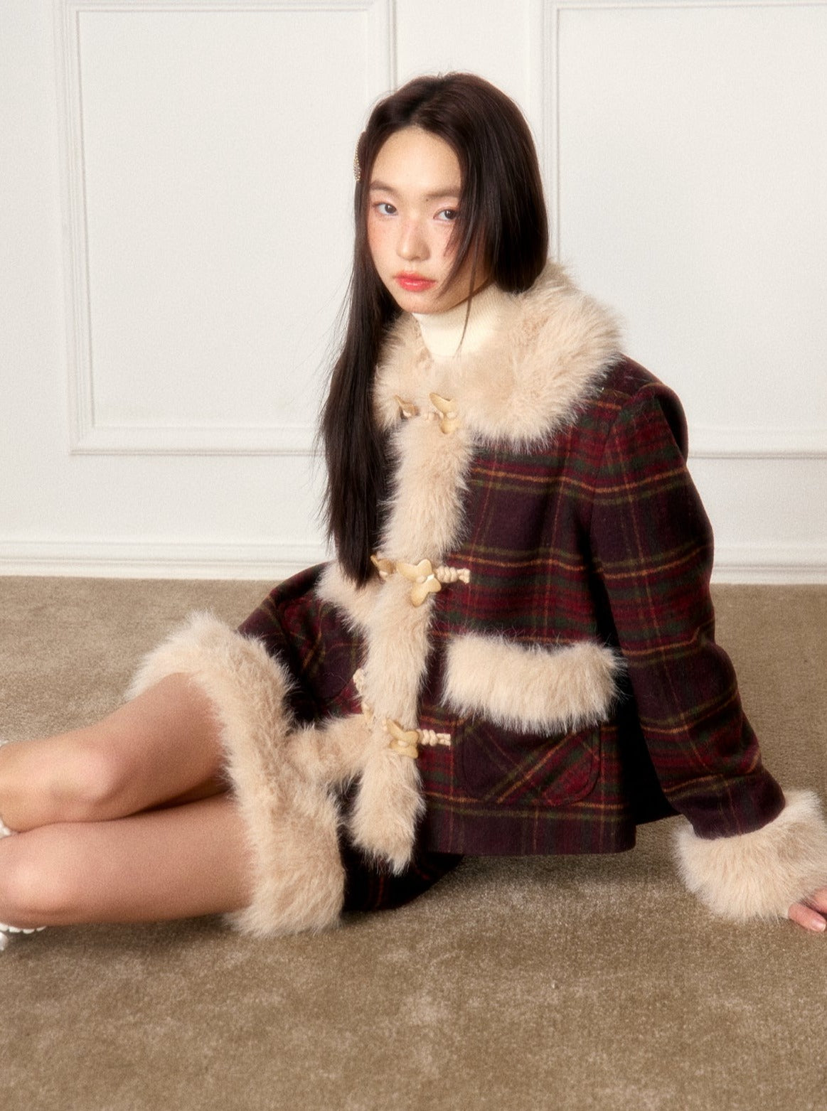 깊은 대추 체크 무늬 정장 짧은 치마 세트