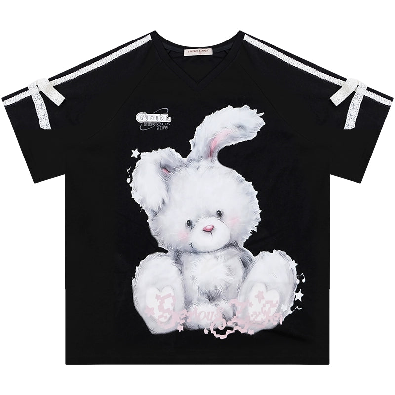 Summer Vintage Lace Bow Short Sleeve T-Shirt