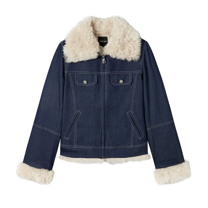 Denim Plush Lapel Jacket