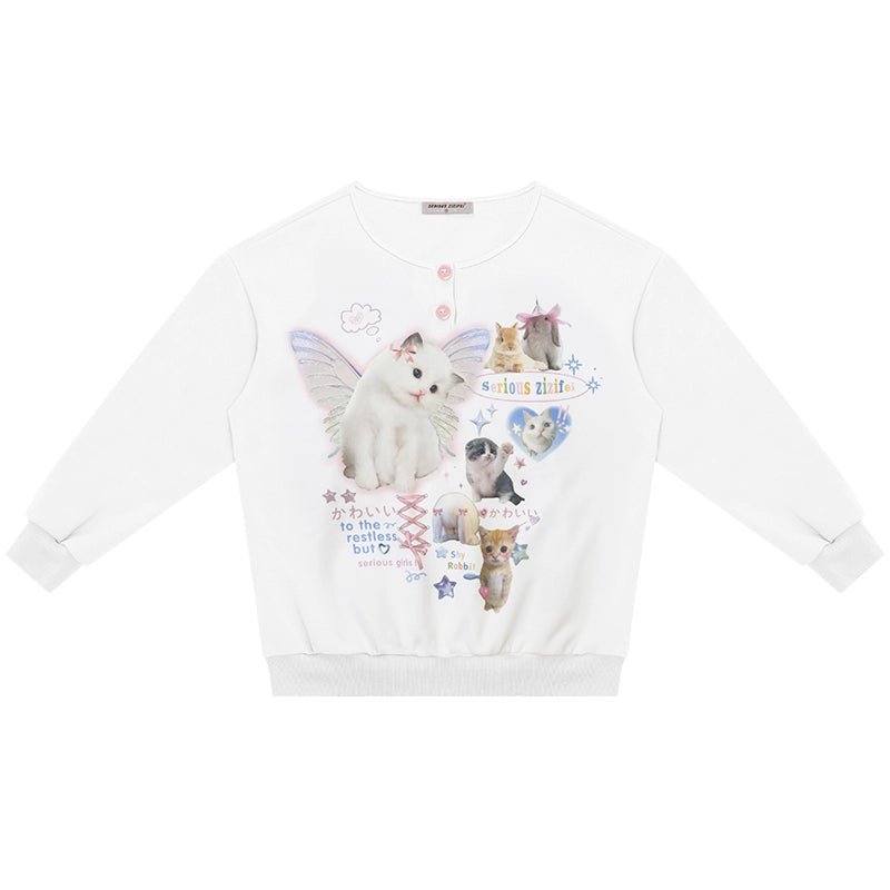 Cat Print Round Neck Sweatshirt