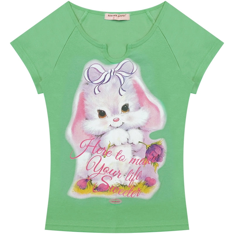Retro Design Rabbit Print Slim Top