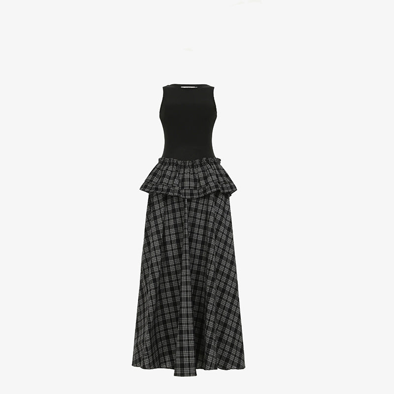 Knit Plaid V-Lace A-Line Maxi Dress