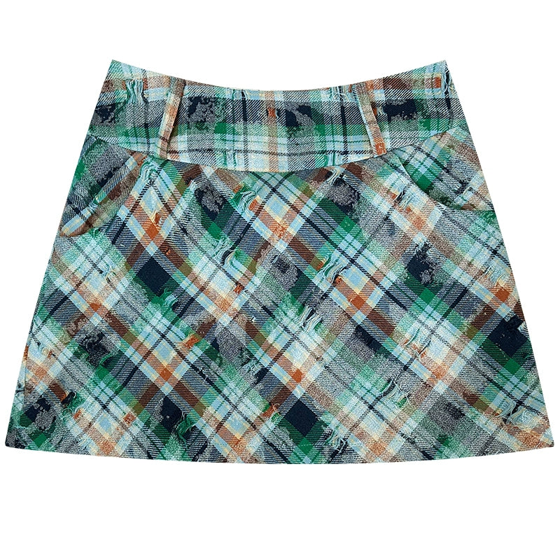 Green Check High-Waist Plaid Skirt