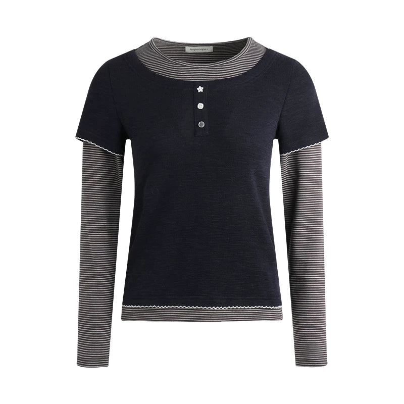 Henley Collar Fake Two-Piece Top