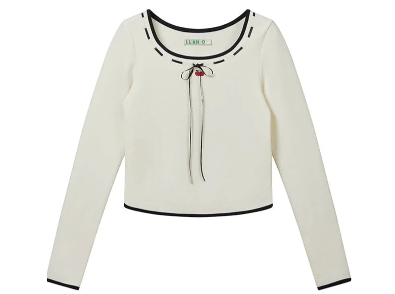 U-neck ribbon embroidery long sleeve base t-shirt
