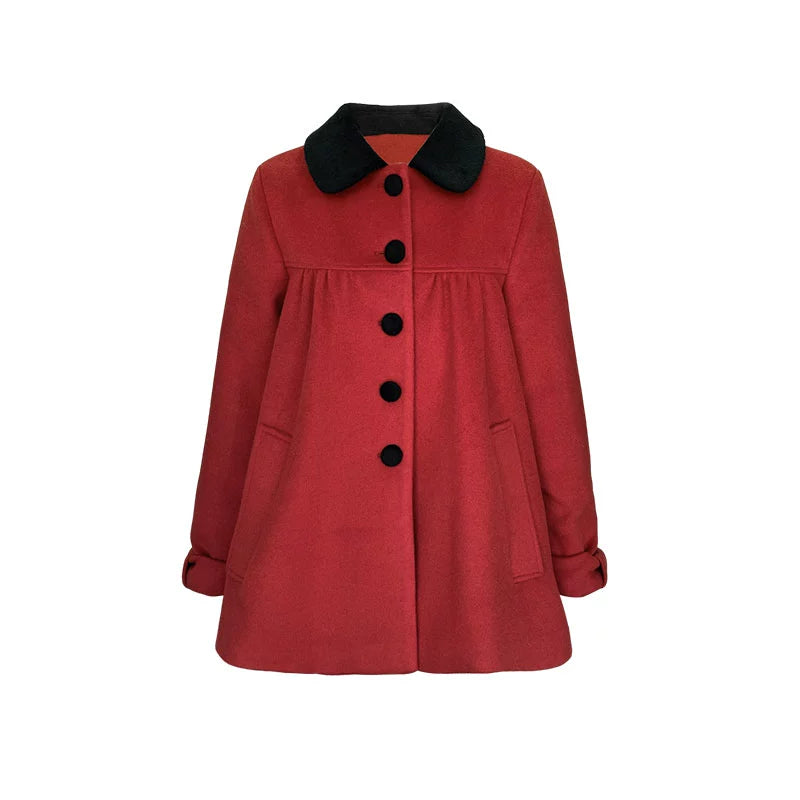 Red Woolen Doll Collar Coat