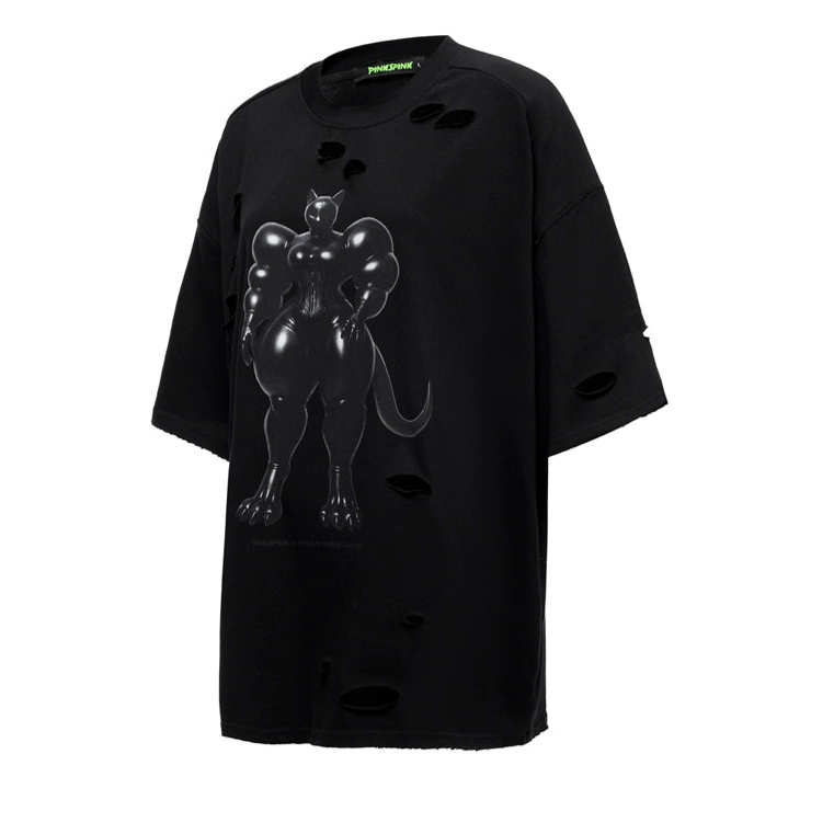 Cat Print Waist Black T-Shirt