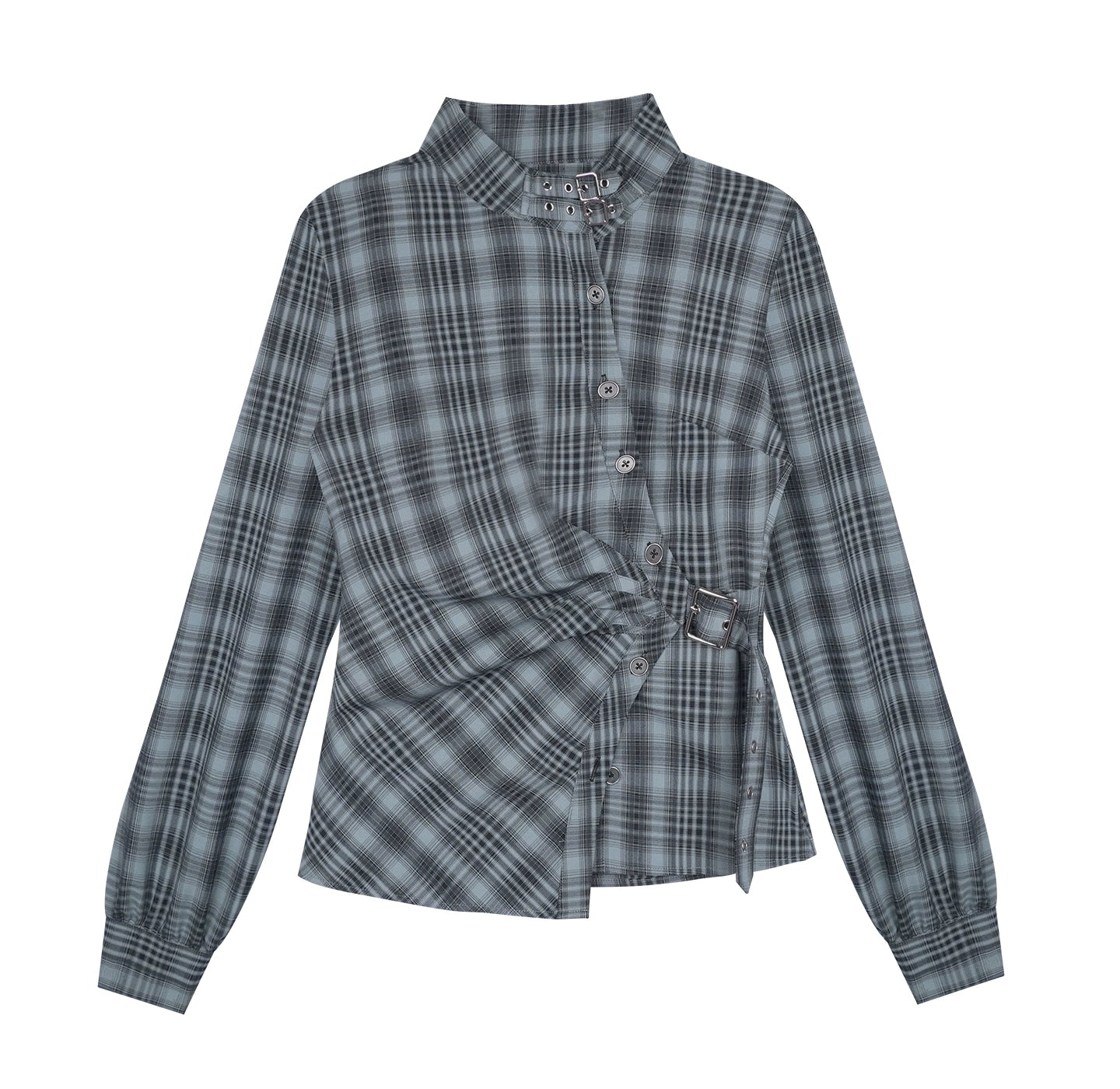 Gray-Blue Irregular Placket Plaid Shirt