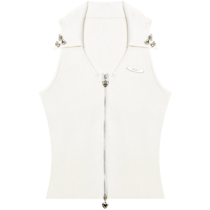 Zippered Sleeveless Polo Neck Vest Top
