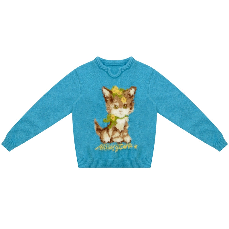 Cat Pattern Blue U Neck Sweater