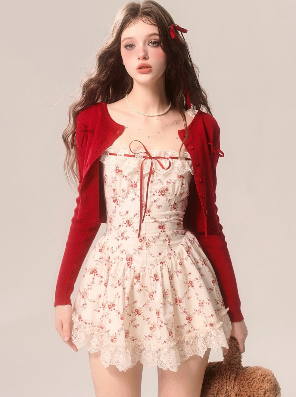 Red Cardigan With Summer Lace Puffy Dress Set-Up UrbanSheek Red Cardigan With Summer Lace Puffy Dress Set-Up UrbanSheek