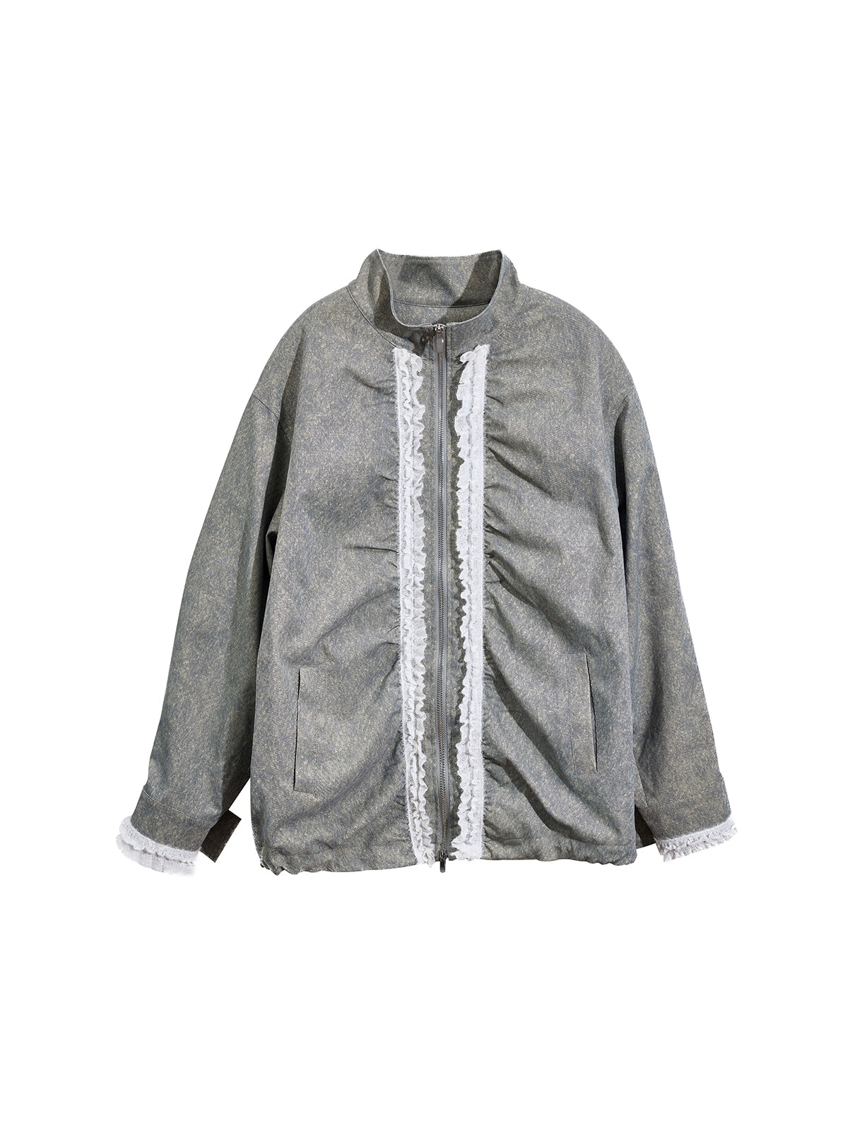 Loose Fit Pleated Lace Zip Jacket