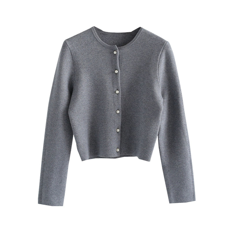 Round Neck Pearl Buckle Knitted Cardigan