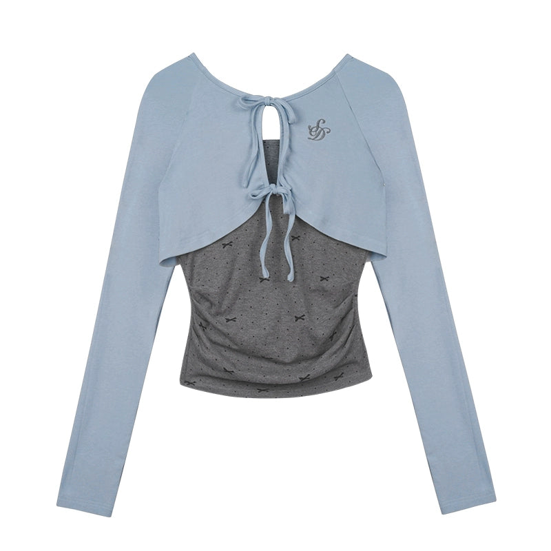 가짜 투피스 도트 리본 탑