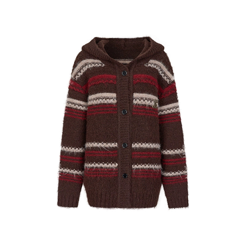 두꺼운 줄무늬 후드 가디건