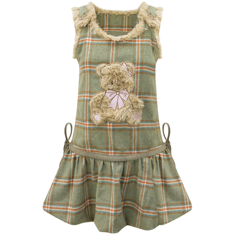 Green Plaid Teddy Vest Dress