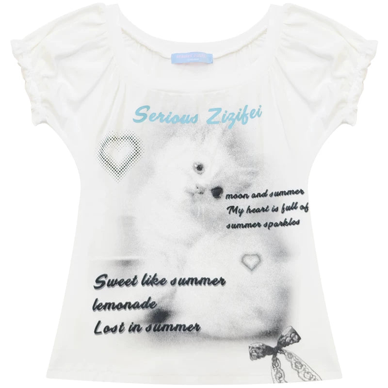 Maglietta con stampa gatto, maniche a sbuffo e scollo a U