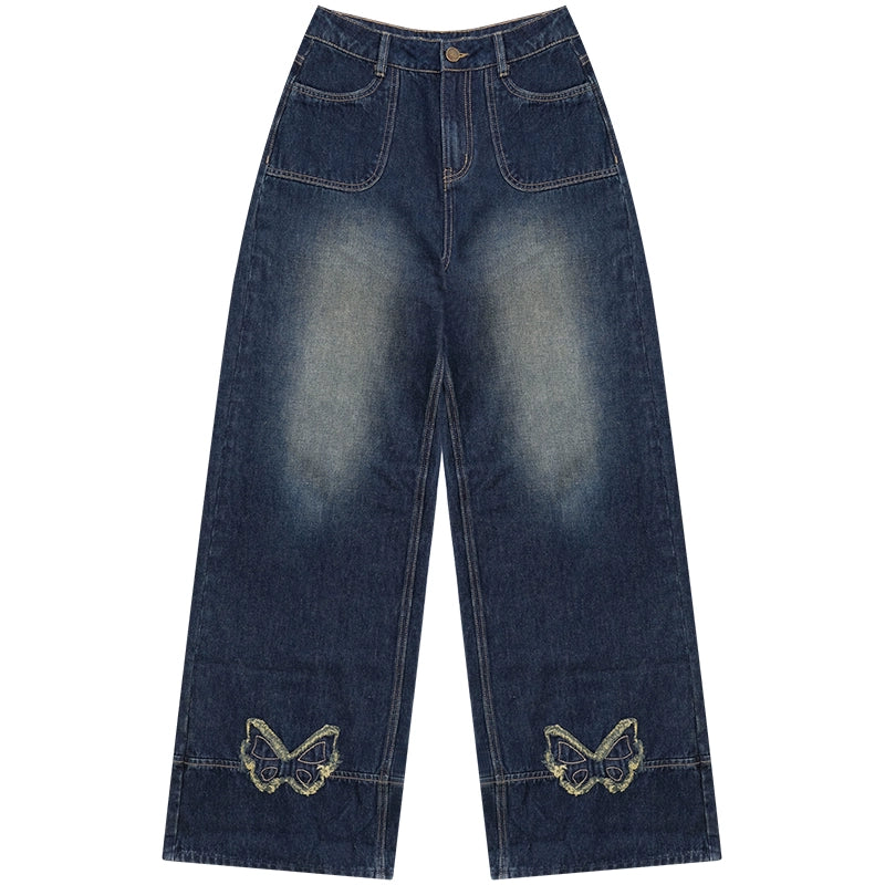 American Retro Butterfly Blue High-Waisted Wide-Leg Jeans
