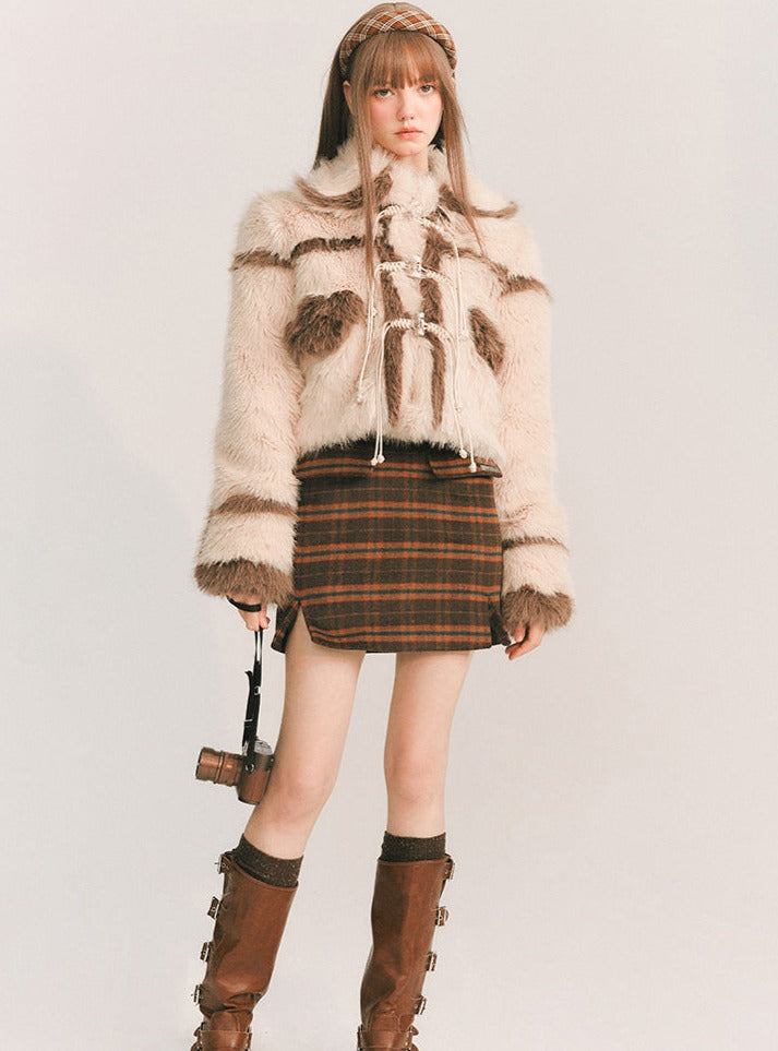 홍차 울 격자 무늬 치마