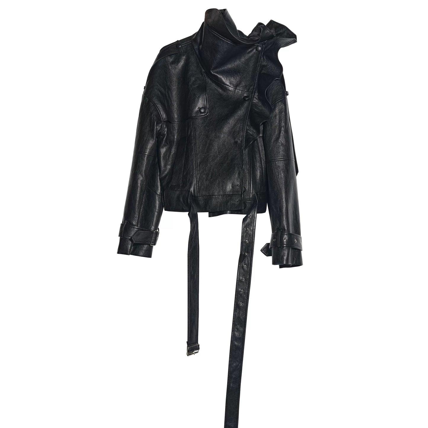 Three-Dimensional Ruffled Faux Leather Jacket