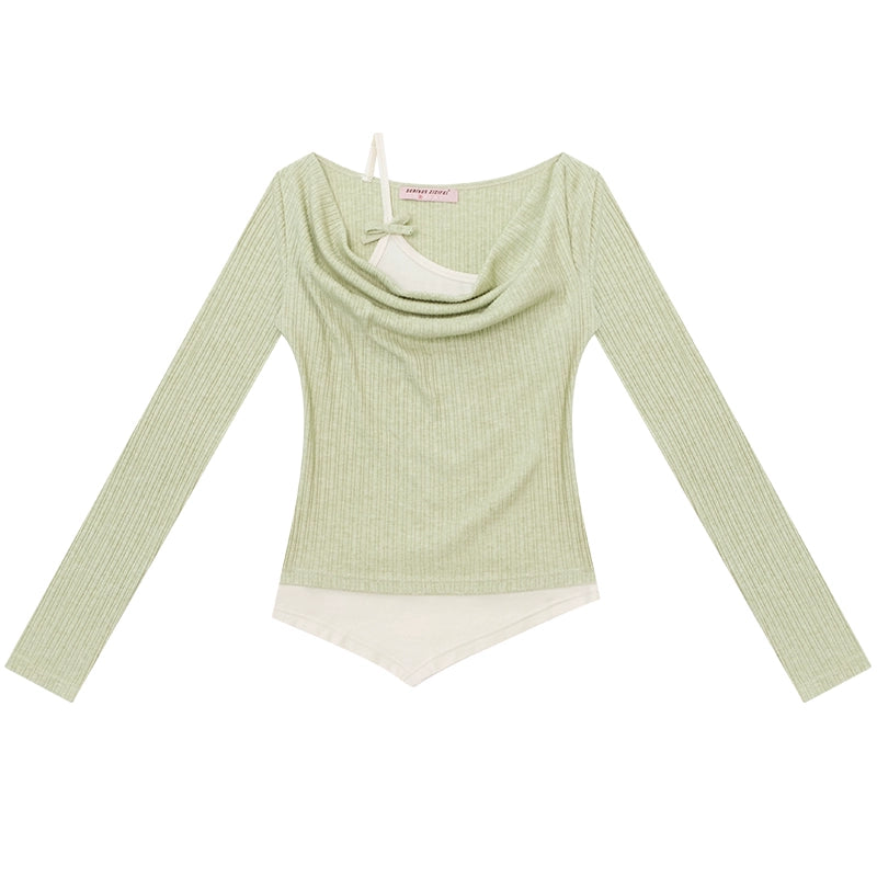 Swing Collar Fake Two Pieces Slim Top