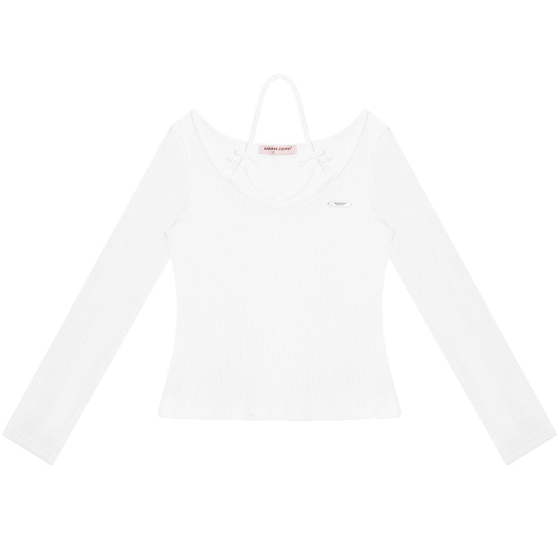 BOW HALTERNECK KNITTED LONG SLEEVE TOP