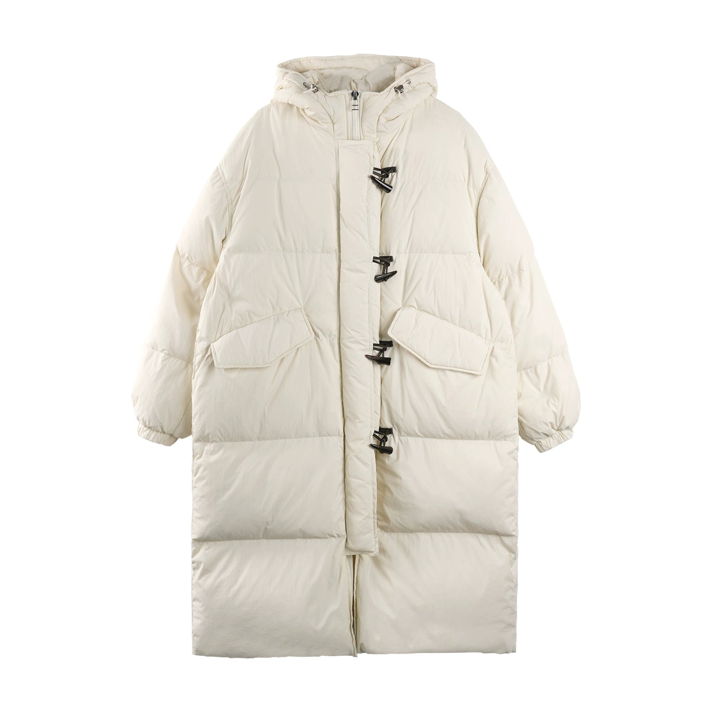 Hooded Horn Button Long Down Jacket