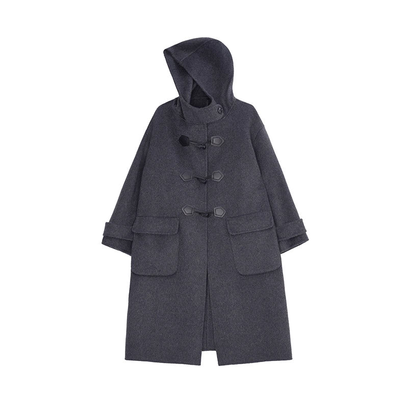 중간 길이 후드 양면 모직 코트