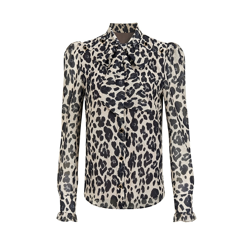 French Leopard Print Puff Sleeve Shirt