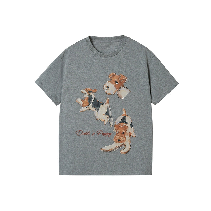 Puppies Funny Pose Print Loose T-Shirt