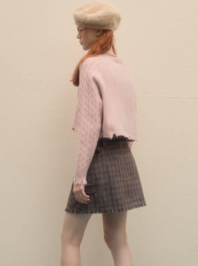 높은 허리 슬림 격자 무늬 A- 라인 프린지 스커트